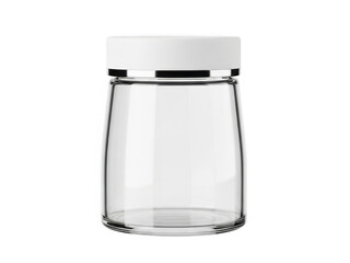 Clear glass storage jar with white lid isolated on transparent background