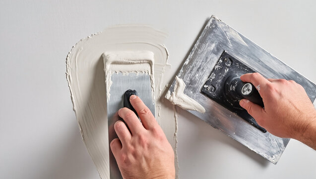 Hands applying plaster with trowel and hawk in construction site image for educational or industrial use