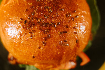 Juicy burger on a yellow background placed on a flat surface during the day