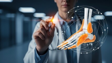 Doctor interacts with a holographic 3d model of a human foot skeleton in a medical setting.