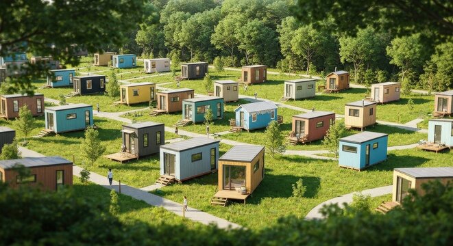 Colorful Tiny Houses in Serene Green Landscape Surrounded by Trees