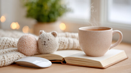 Relaxation with stress ball and planner on wooden table setting