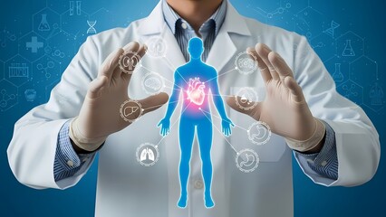 Doctor presents a holographic human figure with a glowing heart, surrounded by medical icons.