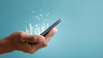 Hand holding a modern smartphone, generating digital city data and illuminated particles flowing upwards, symbolizing connectivity, information exchange, and smart technology integrating urban life