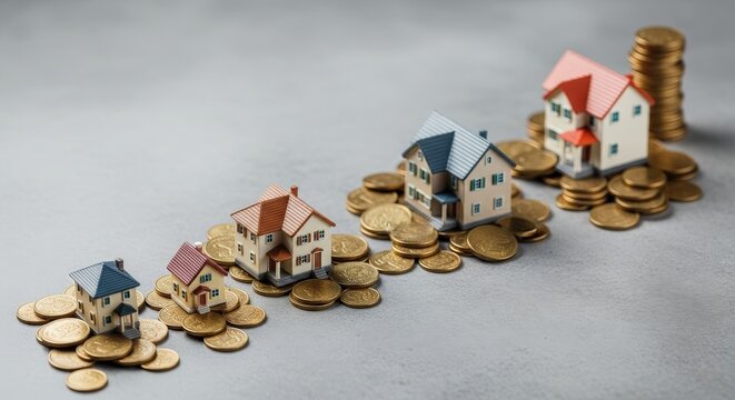 Model Houses and Coins Showing Steps of Property Investment Growth