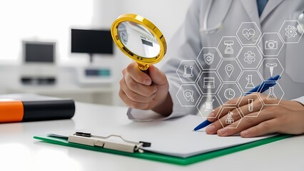 Doctor uses a magnifying glass to examine a document, highlighting medical research and patient care.