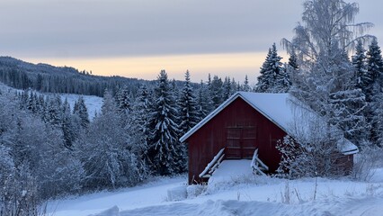 Winter Sunset Picture of Red Traditional Old Barn Shed in Norwegian Mountain Countryside Field Landscape and Covered in Snow Nature Horizontal Photo