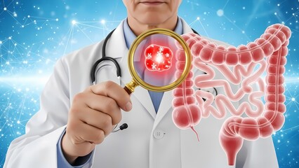 Doctor uses a magnifying glass to examine a human intestine showing abnormal cells.