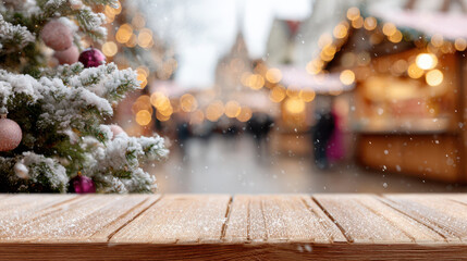 Gothic christmas snowy wooden deck with holiday lights and tree