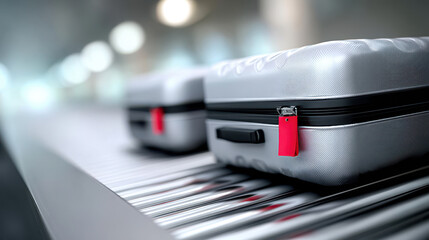 Suitcases on conveyor belt at airport terminal for efficient baggage claim process