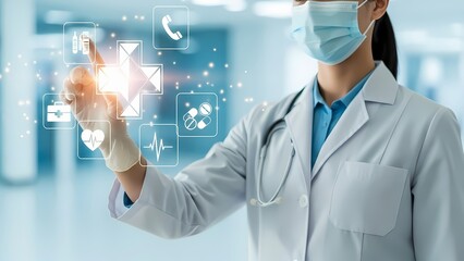 Doctor wearing a mask touches a screen displaying health icons, symbolizing digital health services and connectivity.
