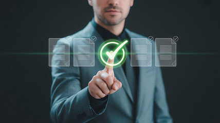 A businessman interacts with a digital interface selecting a completed task with a glowing green checkmark in a high resolution cinematic shot emphasizing modern workflow