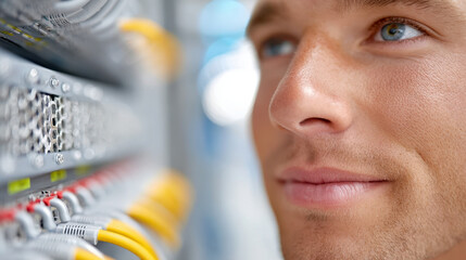 Close-up of a technician examining and routing network cables in a server room with a focus on connection ports and cable management for efficient data flow maintenance.