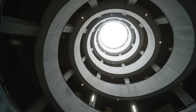 Looking up at spiral parking structure. Circular concrete ramp design. Modern building architecture. Geometric patterns, grey surfaces inside industrial parking lot. Urban structure with light in