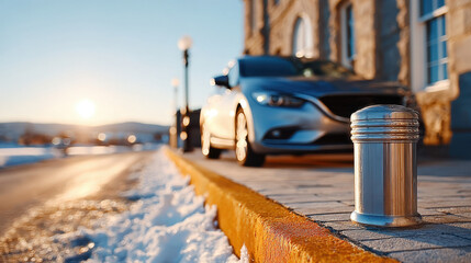 Broken traffic post leaning on curb in urban side street at sunset