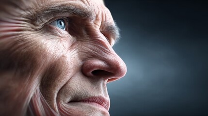 A vivid depiction of an elderly man's face with deep wrinkles and a piercing blue eye full of stories