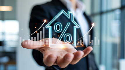 Close up showcasing a neon house icon with a percentage symbol held in a person's hand symbolizing mortgage rates and real estate market trends with rising graph