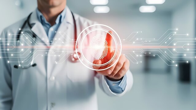 Doctor's finger touching a fingerprint scanner on a digital interface in a modern clinic. - Powered by Adobe