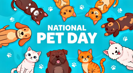 Fototapeta premium National Pet Day Celebration with Adorable Cartoon Cats and Dogs Illustration on a Vibrant Blue Background
