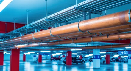 Naklejka premium Underground Parking Facility with Infrastructure Pipelines, Illuminated by Fluorescent Lights and Red Support Columns