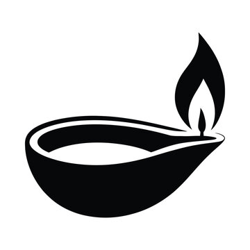 A simple black and white illustration of a traditional oil lamp with a flame