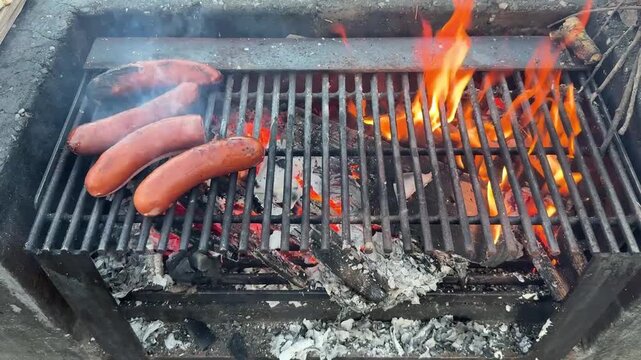Camembert cheese and sausages grilled outside