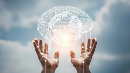 Human hands cradle a glowing digital brain intertwined with a global network against a bright sky.