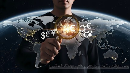Man holds a magnifying glass over a global map, focusing on currency symbols representing international finance.