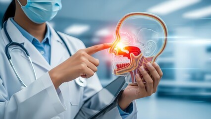 Masked doctor points at a glowing transparent human skull model, emphasizing the sinus.