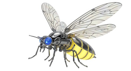 Mechanical wasp robot with yellow and black striped body and blue glowing eyes