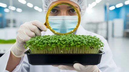 Masked scientist in a cleanroom suit inspects vibrant microgreens with a magnifying glass.
