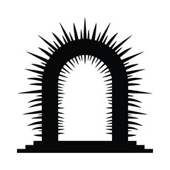 A black and white illustration of a spiky archway or portal design