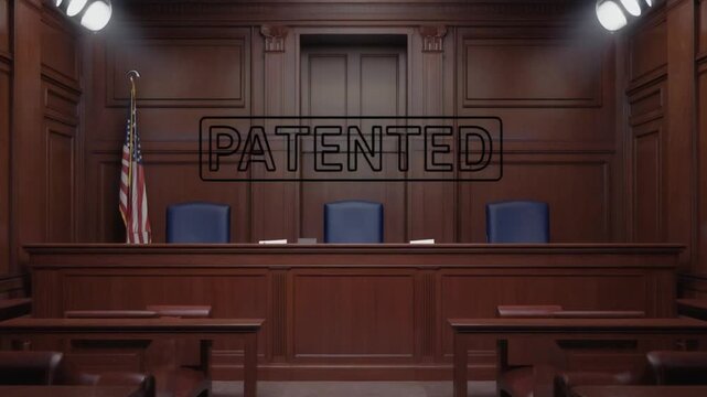 "Patented" hologram. Patented product. In a courtroom.