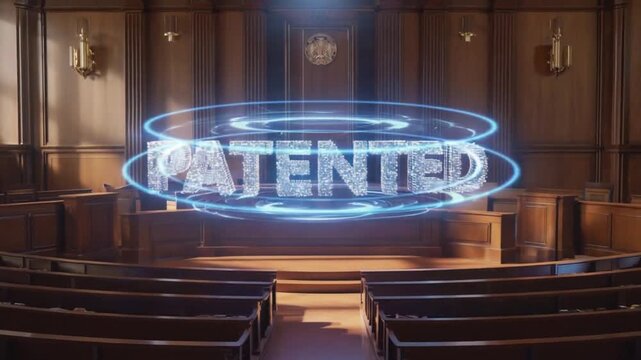 "Patented" hologram. Patented product. In a courtroom.