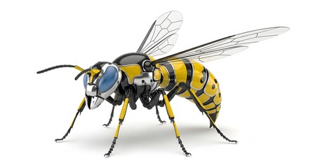 Mechanical wasp robot with yellow and black metallic stripes and blue eyes isolated on white