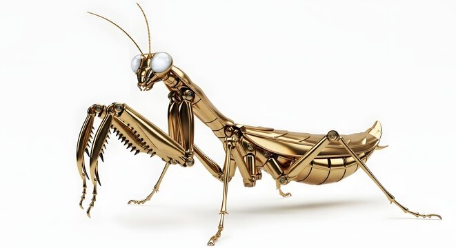 Golden mechanical praying mantis robot in predator stance with white glowing eyes