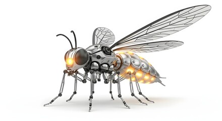 Robotic hornet with metallic silver armor and glowing orange energy lights, futuristic bionic insect drone
