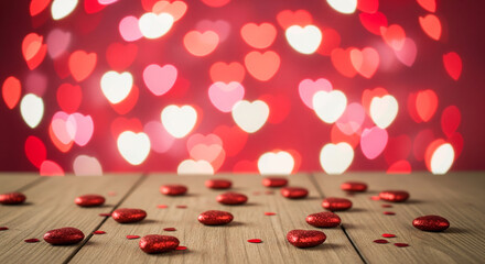 Empty old wooden table background with valentines day theme in background