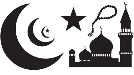 Obraz premium Ramadan Mosque Silhouette with Crescent Moon Star and Prayer Beads
