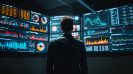 Professional analyst monitoring financial data on a digital dashboard with interactive charts and graphs    