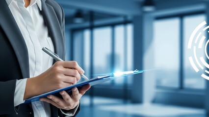 Person in business attire writes on a clipboard with a glowing digital interface nearby.
