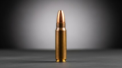 Obraz premium A single bullet stands on a dark surface, highlighting the projectile