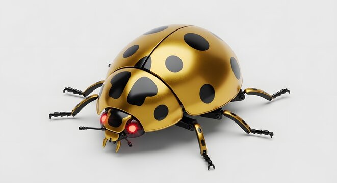 Luxury golden ladybug robot with metallic shell and glowing red eyes, futuristic mechanical insect concept
