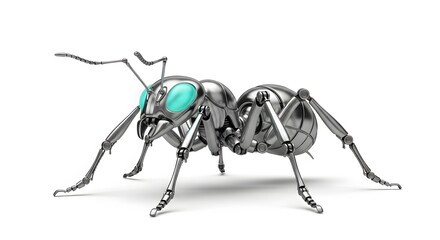 Fototapeta premium Metallic Silver Robotic Ant with Cyan Glowing Eyes, Futuristic Soldier Insect Design Isolated on White