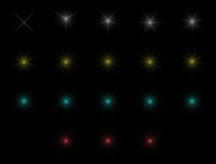 Colorful Light Starburst Effects Set on Black Background