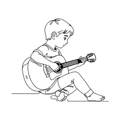 Young boy playing acoustic guitar vector line art, Minimalist vector line drawing of a boy sitting and playing guitar, Hand drawn illustration of kid guitarist for music lessons and hobby concept
