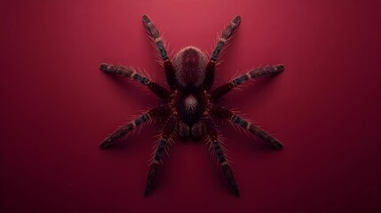 A large, hairy tarantula with dark and light banded legs is centered against a solid, deep red background.