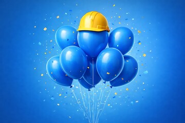 blue balloons with yellow hard hat and confetti
