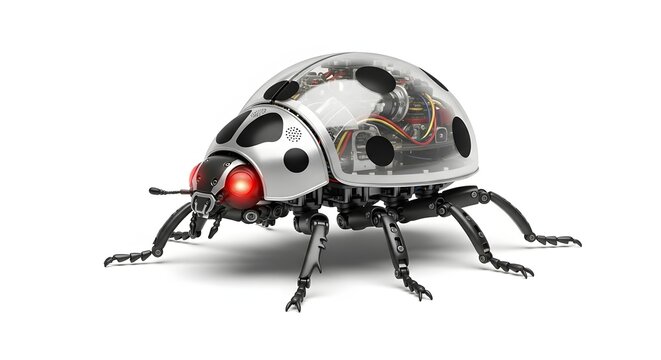 Transparent Shell Robotic Ladybug Showing Internal Wiring and Gears, Futuristic Red-Eyed Mechanical Insect Concept