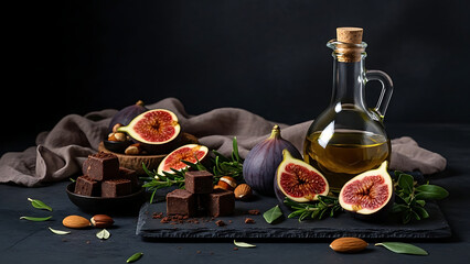 A beautifully arranged still life of figs, chocolate, and olive oil
